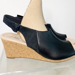 Clarks Collection Women's Lafley Jess Slingback Wedge Sandal Black Leather 10M